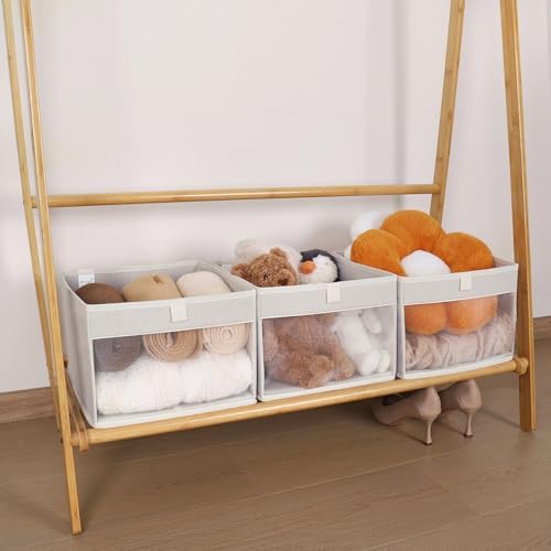 WUIKE Cloth Storage Bins, Clear Window, Beige, Medium, 3-Pack