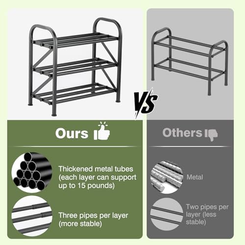 3 Tier Expandable Shoe Rack for Closet, Adjustable Small Shoe Organizer Storage, Heavy Metal Free Standing Narrow Shoe Racks for Entryway, Garage, Doorway Black 16"-33"
