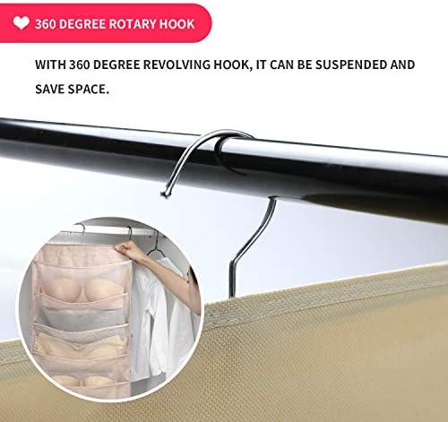 Bseash Enlarged Closet Hanging Bra Organizer with Rotating Metal Hanger, Dual Sided Wall Shelf Wardrobe Mesh Pockets Hanging Storage Bag for Bra Socks Underwear Underpants