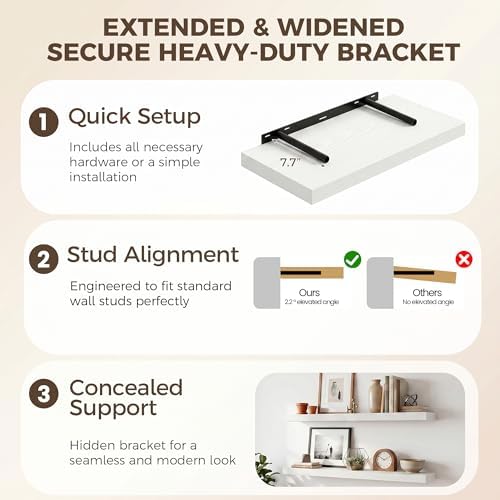 Fun Memories 12 Deep Floating Shelves for Wall, 55W x 12D Extra Large Floating Shelves Set of 2, Hanging Wood Wall Shelves for Living Room, Kitchen, Bedroom, Farmhouse, Laundry Room, Office - White