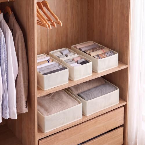 Drawer Organizer Clothes, 6 Pack Dresser Organizer Bins, Foldable Fabric Closet Organizers and Storage, Three Sizes Drawer Dividers for Baby Clothes, Underwear, Socks, Nursery, Bedroom, Khaki