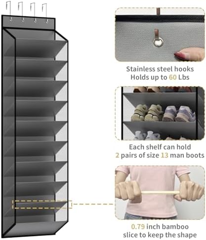 KEEPJOY 10 Tiers Mesh Over Door Shoe Organizer Storage, Hanging Shoe Holder for Door with Large Deep Pockets, Holds 20-30 Pairs of Shoes, Ideal for Sneakers & Boots(Grey)