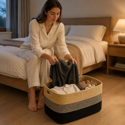 22.8GAL Extra Large Collapsible Laundry Basket for Dirty Clothes,Shoes, Sturdy Portable Aesthetic Boho Heavy Duty Wicker Hamper for Living Room Thow Pillows Blankets Storage Organizer,Khaki Black