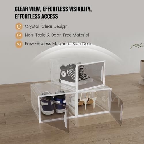 6 Pack Shoe Storage Box Organizer, Clear Thicken Stackable Plastic Shoe Boxes with Magnetic Door, Sturdy Shoe Containers for Sneakers Boots, Easy to Assemble, Fit up to US Size 12(13.2"×10.6"×7.5")