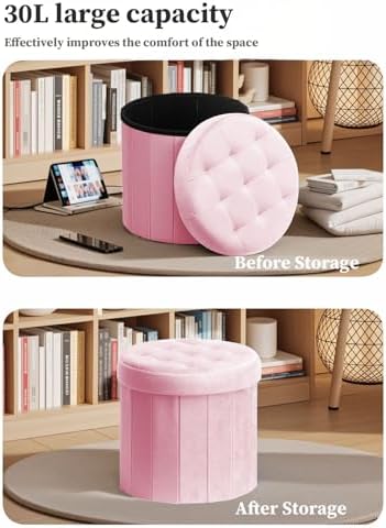 Bsketa Round Storage Ottoman, 14" Folding Velvet Foot Stool Rest,Pink | Foot Stool with Thicker Foam Padded Seat Small Velvet,Livingroom, Dorm, Bedroom, Easy to install,14 x 14 x 13in