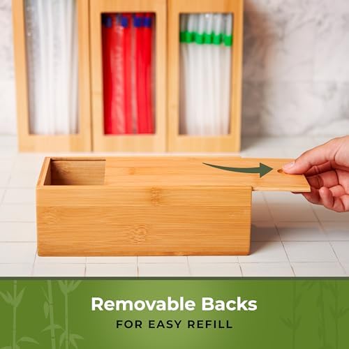 Bamboo Bag Organizer for Drawer, 4 Blocks, Plastic Bag Storage Holder | Kitchen organization with quick refill from the back; labels included; fits gallon, quart, sandwich and snack sizes