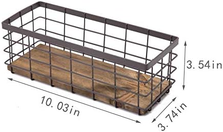 TIEYIPIN Small Metal Wire Storage Basket, Detachable Wood Base Storage Organizer Bin Basket for Kitchen Cabinets, Bathroom, Pantry, Garage, Laundry Room - Brown (2 Pack)