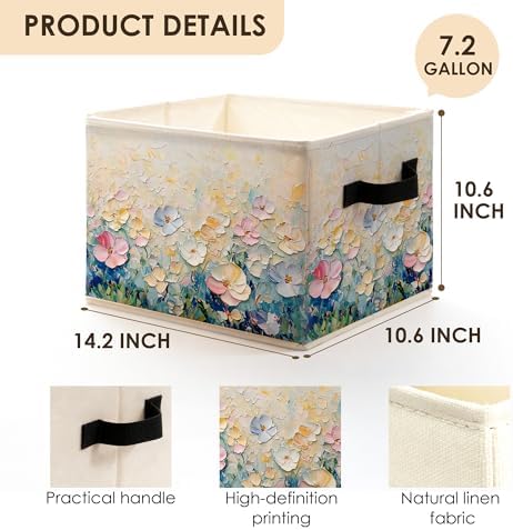 Textured Abstract Boho Floral Storage Bins Box with Handles, Watercolor Modern Wildflower Foldable Basket Toybox for Girls Nursery Bedroom Bathroom Home Clothes Toys Books
