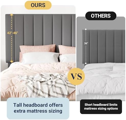 Allewie Full Size Storage Bed Frame, Vertical Channel Tufted Adjustable Headboard, Velvet Upholstered Platform Bed with 4 Oversized Underbed Drawers, Wooden Slats Support, No Box Spring Needed, Grey