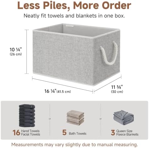 StorageWorks Storage Bins with Rope Handles, Gray, Extra Large, 3-Pack | Fabric Storage Bins for Shelves, Storage Baskets for Closet Organization, Organizer Bins for Clothes Storage