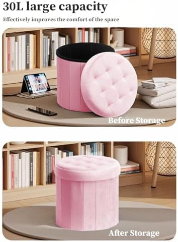 Bsketa Round Storage Ottoman, 14" Folding Velvet Foot Stool,Pink 2 Pack | Foot Stool with Thicker Foam Padded Seat Small Velvet,Livingroom, Dorm, Bedroom, Easy to install,14 x 14 x 13in