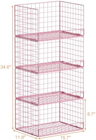 4-Tier Closet Organizers and Storage, Stackable Closet Organizer Basket, Foldable Closet Shelf Organizer Basket, Stackable Storage Bins and Organizer Shelves for Home Closet Organizer System, Pink