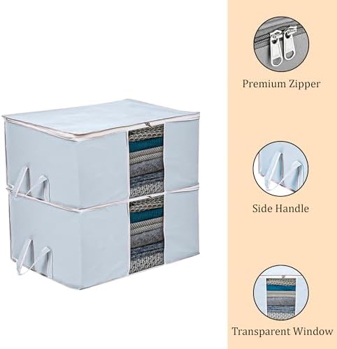 Kuber Industries Underbed Storage Bag | Clothes Storage Organizer | Blanket Cover with Clear Window | Zipper Closure & Handle Cloth Organizer | Plain White Border | Large | Pack of 4 | Gray