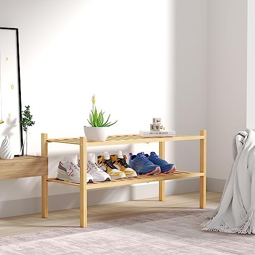 ROMGUAR CRAFT 2 Tier Bamboo Shoe Rack for Closet Free Standing Wood Shoe Shelf for Entryway Small Space Stackable 27"x11"x13" (Natural)