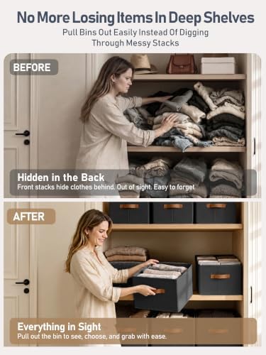 8 Pack Large Closet Storage Baskets Bins for Shelves, Collapsible Fabric Closet Organizers and Storage with Polyester Handles, Decorative Baskets for Organizing Clothes, Towels, Linen Closet 16x12x10"