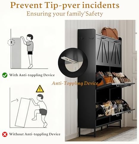 Wodeer Shoe Cabinet Storage for Entryway, Shoe Storage Cabinet with 6 Flip Drawers, Freestanding Narrow Shoe Rack Organizer with Metal Legs, Adjustable Shelves & Open Storage for Foyer, Hallway, Black