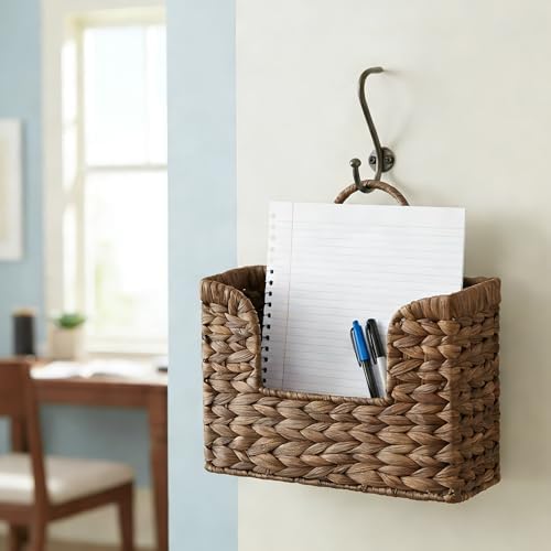 PINXIURY Magazine Holder Wall Basket Water Hyacinth Woven Mail Organizer, Wicker Wall Hanging Baskets for Magazines, Letters & Storage Decorative Mail Holder, Magazine Rack, Hanging Basket, Coffee