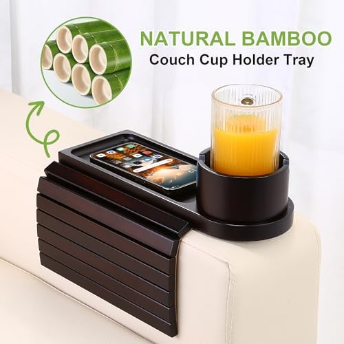 Couch Cup Holder with Phone Stand, Couch Arm Tray for Armrests Over 4.9" | Bamboo Couch Armrest Table with 360° Rotating Phone Stand, 3 in 1 Foldable Sofa Arm Tray Table for Remote, Snacks, Drinks