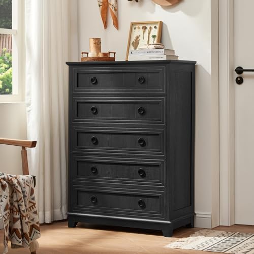 Joaxswe Farmhouse 5 Drawer Dresser for Bedroom Set of 2, 42" Tall Small Dressers & Chest of Drawers, Rustic Wood Dresser with Metal Handle, Storage Organizer Closet for Living Room, Hallway,Entryway | Chest of Drawers, Rustic Wood Dresser with Metal Ha...