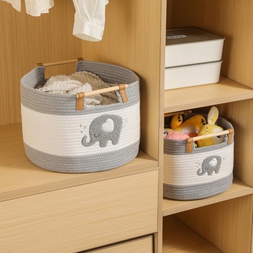 Large Blanket Basket 35L Cotton Rope Basket with Wooden Handles Woven Baskets for Kids Stuffed Animal Toys Storage for Nursery, Laundry Hamper Clothes Baby Hamper Boys Gift Basket Empty, (Elephant )
