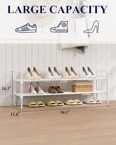 Kitsure Long Shoe Rack for Closet, 36.1" Wide - 2 Tiers, White