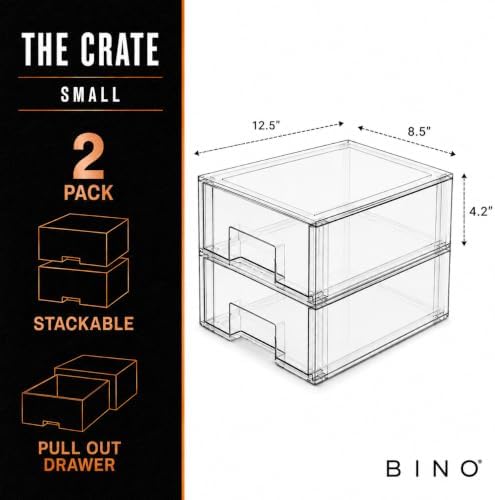 BINO | Stackable Storage Drawers, Small - 2 Pack, Clear | THE CRATE COLLECTION | Storage Bins With Drawers | Bathroom Organizers | Under Sink Organizer | Vanity Cabinet Home Organization