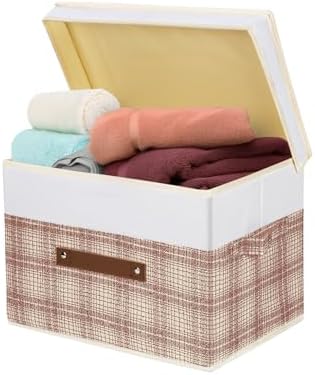 TYEERS Collapsible Storage Bins with Lids, Patchwork Design, Washable, Fabric Storage Boxes, 14.9x9.8x9.8 inches, 3 Pack, Camel Tan