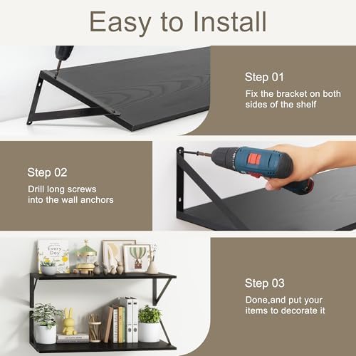 Black Floating Shelves 24 Inch Long, Set of 3, 10 Inch Deep Wall Shelves