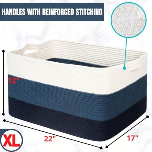 MINTWOOD Design 22in Extra Large Blanket Basket Holder Living Room, Rectangle Rope Woven Storage Basket with Handles for Laundry, Pool Towels, and Shoes, Dog Toy Organizer Bin Box, 3-Tone Blue