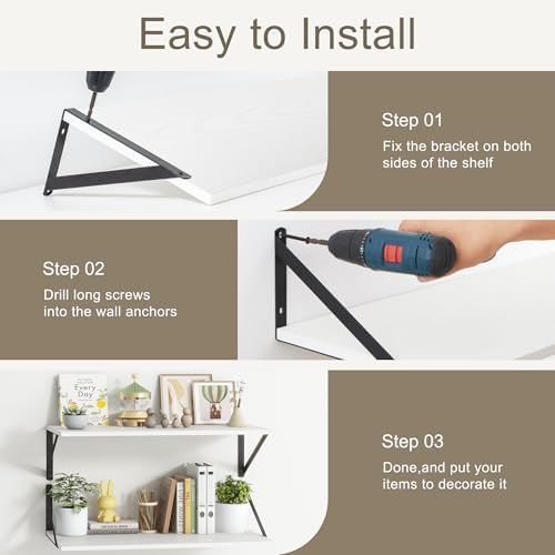 Black Floating Shelves 24 Inch Long, Set of 3, 12 Inch Deep Wall Shelves