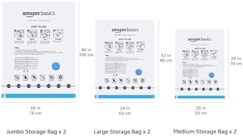 Amazon Basics Vacuum Storage Bags for Clothing, Multiple Sizes Compression Zipper Bags with Hand Pump for Space Saving and Travel, 6-Pack (2 Medium, 2 Large, 2 Jumbo), Transparent