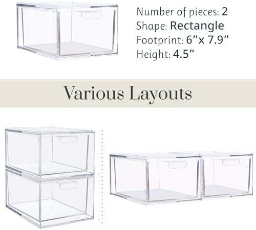 STORi Audrey Stackable Clear Bin Plastic Organizer Drawers | 2 Piece Set | Organize Cosmetics and Beauty Supplies on a Vanity | Made in USA (Pack of 3)