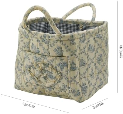 Quilted Fabric Storage Basket with Handles & Pocket, Foldable Laundry Hamper Boho Floral Print Organizer Bin for Home, Picnic, Office 12"x10"x10" (B-3)