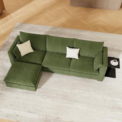 WorthFurni Oversized Modular Sectional Sofa,111" L Shape Sectional Cloud Couch with Storage Ottoman,Comfty 4 Seat Modular Sofa for Living Room,Green Chenille