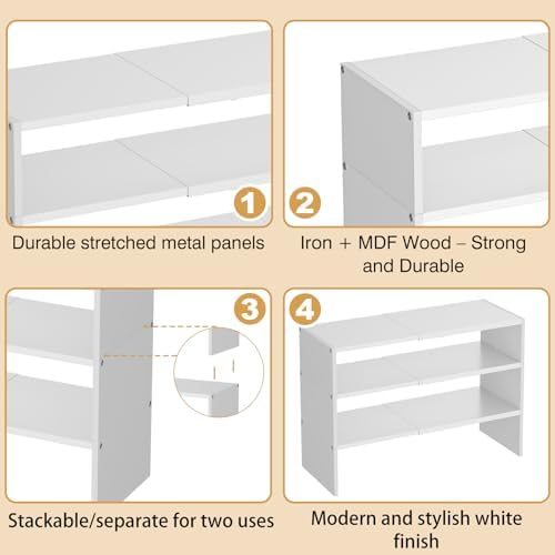 X-cosrack 3-Tier Shoe Rack for Closet, Shoe Organizer for Front Door Entrance Expandable Shoe Shelf, Stackable Iron Shoe Storage Shelves for Closets, Entryway, Hallway, Garage,White