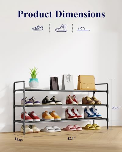 Kitsure Shoe Rack for Closet, Shoe Storage, 42.1" Wide - 3 Tiers, Black