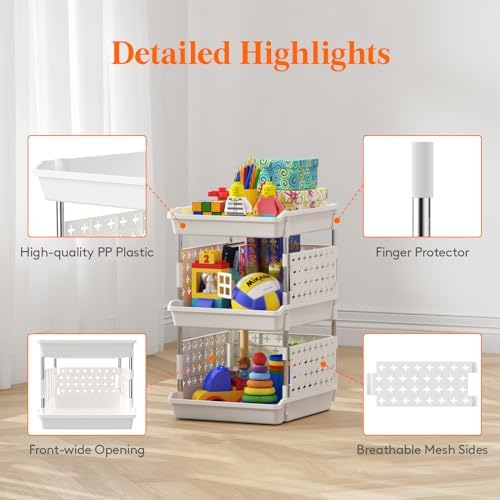 Lifewit 3 Tier Plastic Stackable Storage Baskets for Clothes 1 Pack, White | Stacking Bins for Food, Multifunctional Organizer for RV, Kitchen, Playroom, Pantry and Bathroom