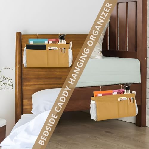 Mustard Yellow Bedside Caddy Storage Bag Bedside Organizer for Bunk Bed Headboards College Hanging Bag Bedside Shelf 6 Pockets with Hooks for Magazine Water Bottle Holder