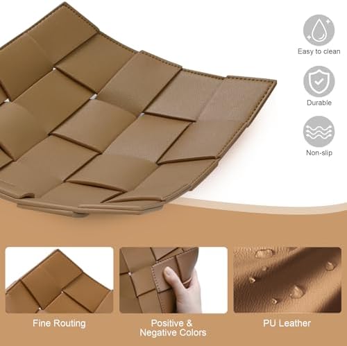 Valet Tray PU Leather Key Holder Bowl for Men and Women Entryway Table Nightstand Catchall Storage Organizer Tray for Wallet, Keys, Jewelry, Coins - Coffee, 9.8" L x 9.8" W x 2" H