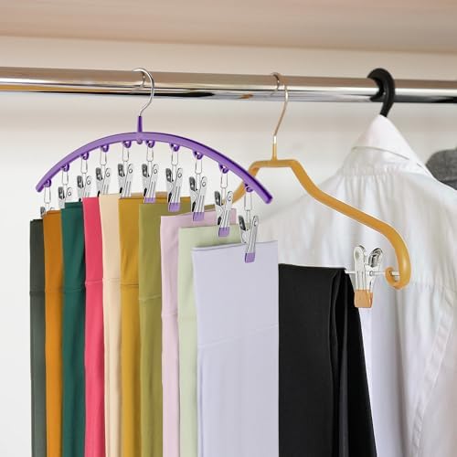Volnamal Legging Organizer for Closet,2 Pack Metal Yoga Pants Hanger-Purple | Clothes Hanger w/10 Clips Hold 20 Leggings,Space Saving Hanging Closet Organizer College Dorm Essentials Apartment Essential