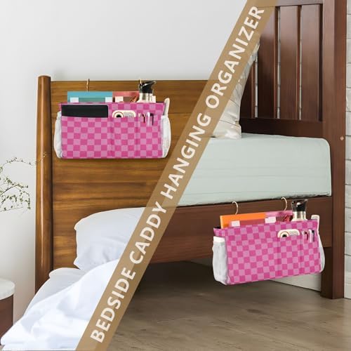 Pink Checkered Print Bedside Caddy Storage Bag Bedside Organizer for Bunk Bed Headboards College Organizer Caddy Hanging Shelf 6 Pockets with Hooks for Drinks Magazine Phone Holder