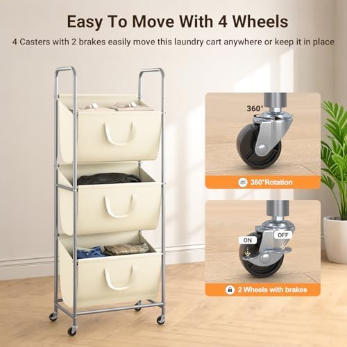 ELYKEN 3-Tier Vertical Rolling Laundry Hamper with Wheels & Removable Bags | 120L Capacity, Space-Saving Design, Locking Casters, 3 Section Laundry Sorter for Apartments, Small Spaces, Closet, Dorm