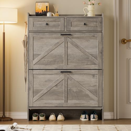 BORNOON Shoe Storage Cabinet for Entryway, Farmhouse Narrow Shoe Cabinet with 2 Flip Drawers & Top Drawers, Adjustable Shelves & Hooks, Freestanding Hidden Rack Organizer for Hallway, Foyer