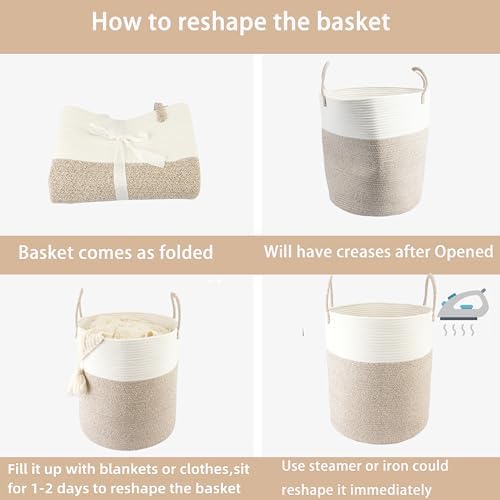 Woven Cotton Rope Laundry Basket, 15x20 Laundry Hamper, White/Brown | Rope storage basket for dirty clothes, toys and blankets. Perfect for bathroom, baby nursery and living room storage.