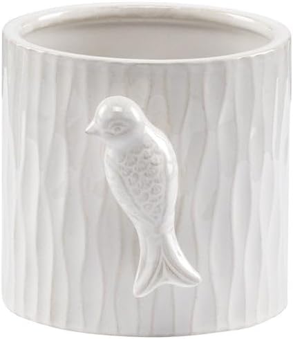Napco House Plant Succulent Herb Flower Pot 4.5 x 4.75 Inch Ceramic White Embossed Bird