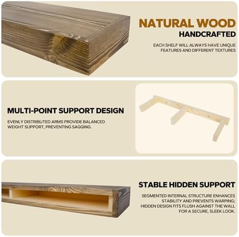 Floating Shelves 3 inch Thick for Wall Set of 2,Solid Pine Wood Wall Mount Shelf for Kitchen Living Room Bedroom Bathroom,8" D x 24" L x 3" H-Dark Walnut