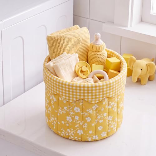 Novabright Yellow Floral Quilted Storage Basket Small Scalloped Fabric Bin