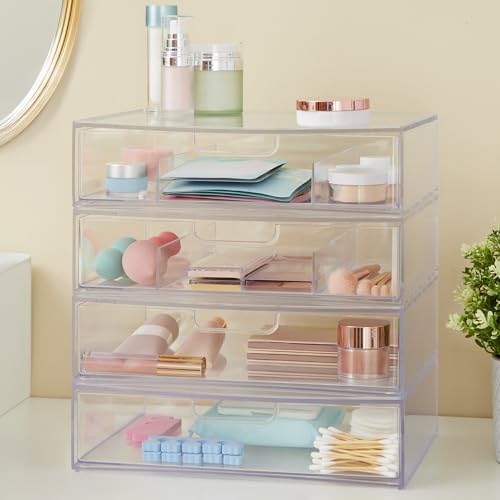 STORi STAX Plastic Stackable Organizer Drawers (Set of 2) Clear | 12.5" Wide | Set Includes One Open Drawer & One Divided Drawer | Organize Office Desk Accessories & Sort Paper | Made in USA