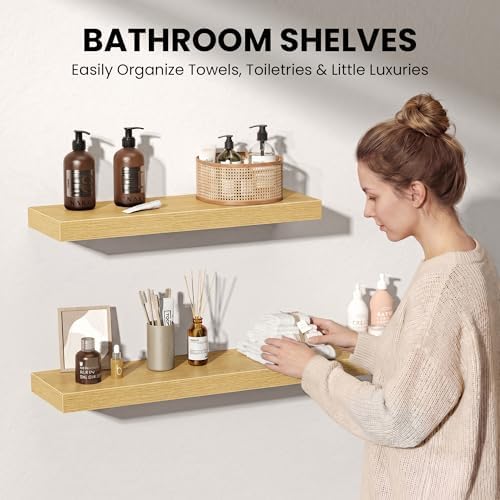 Floating Shelves for Wall, 66 Inch Floating Shelves Set of 2, Wall Mounted Rustic Wood Shelf for Bathroom, Living Room, Bedroom and Kitchen, Hanging Shelf for Storage, Books, Home Decor, Oak