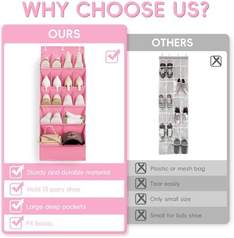 1 Pack Over-the-Door-Shoe-Organizers, Hanging Shoe Organizer Large Pocket | Shoe Holder Hanging Shoe Rack for Closet Shoe Organizer for Wall, Over Door Organizer with 15 Pockets for Boot, Sneaker, Pink